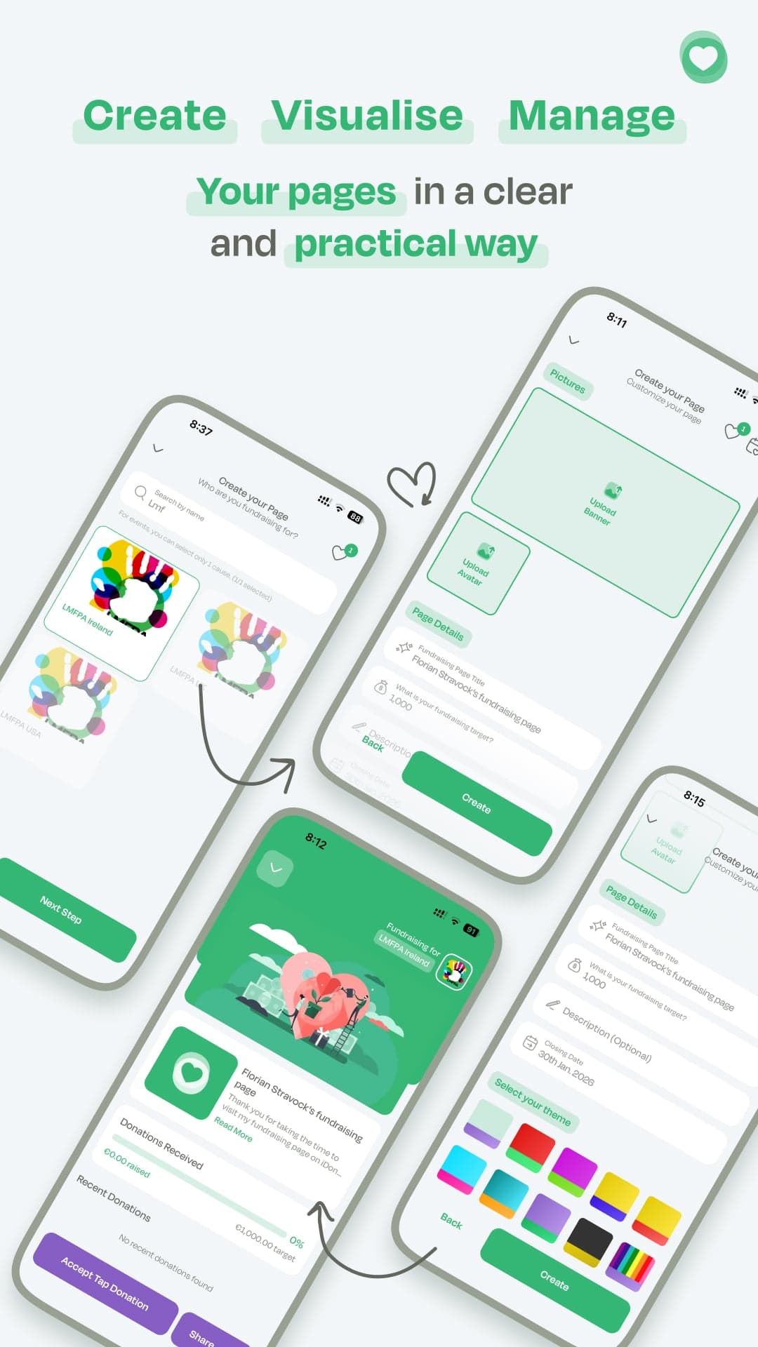 Create, visualise and manage fundraising pages in the app